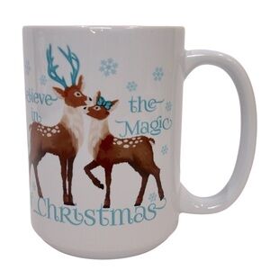 “Believe in the Magic of Christmas” Deer/Snowflake Mug Brown/Blue Holiday EUC